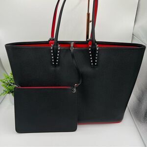 CHRISTIAN LOUBOUTIN Cabata Black Red Accent Leather Tote Bag with pouch ❤️GM